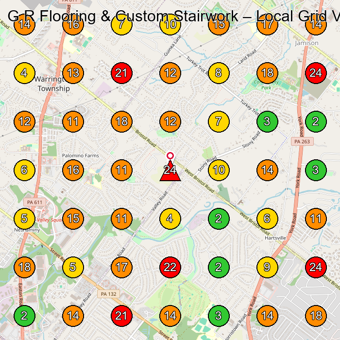 G R Flooring & Custom Stairwork Flooring Contractor GeoGrid ranking map for Warrington PA